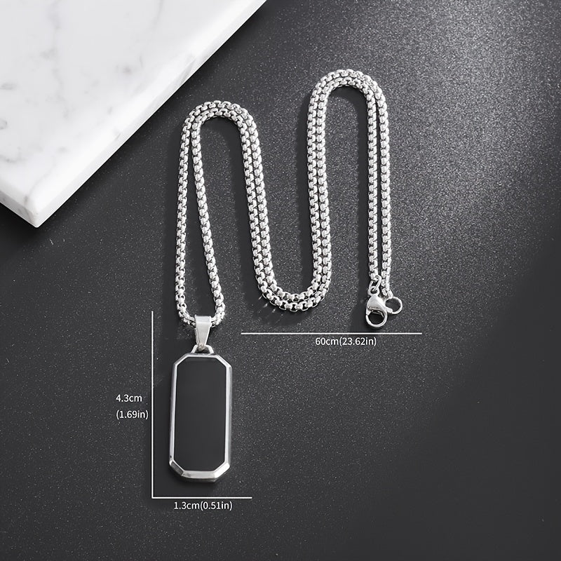 Elegant Stainless Steel Rectangular Pendant Necklace with Black Stone - High-Polished, Sleek Design