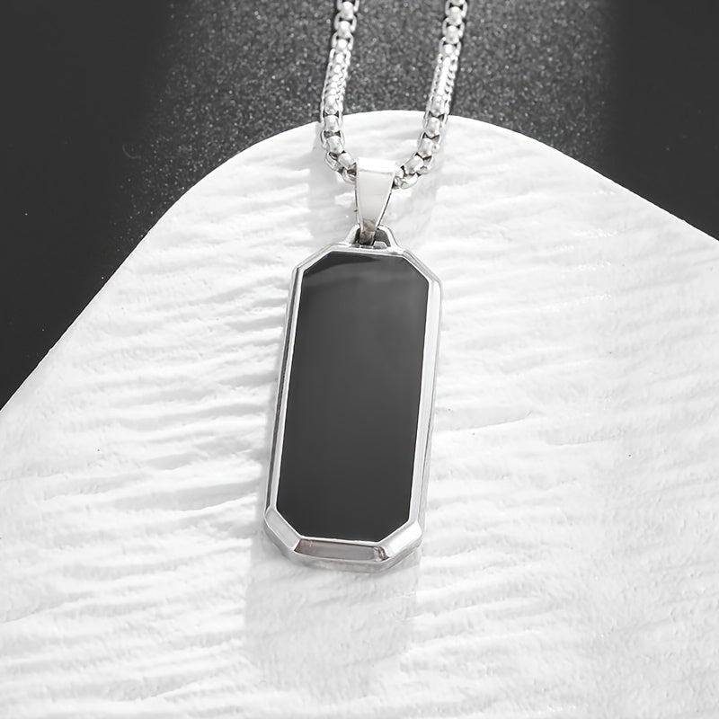 Elegant Stainless Steel Rectangular Pendant Necklace with Black Stone - High-Polished, Sleek Design