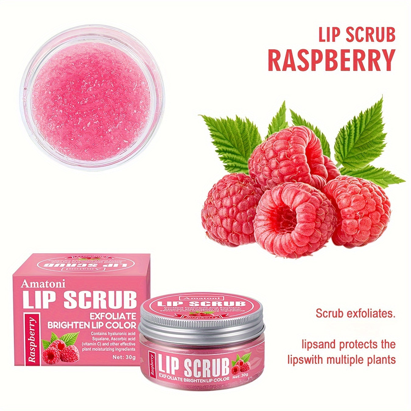 Raspberry Flavored Lip Scrub 30g With Squalene, Deep Hydration Nourishment, Long-Lasting Moisturizing