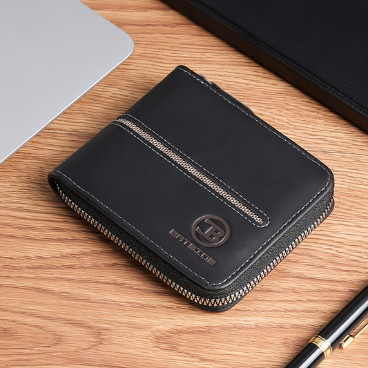 Vintage PU Leather Wallet for Men, Business Style Zippered Credit Card Case with Embossed Lettering