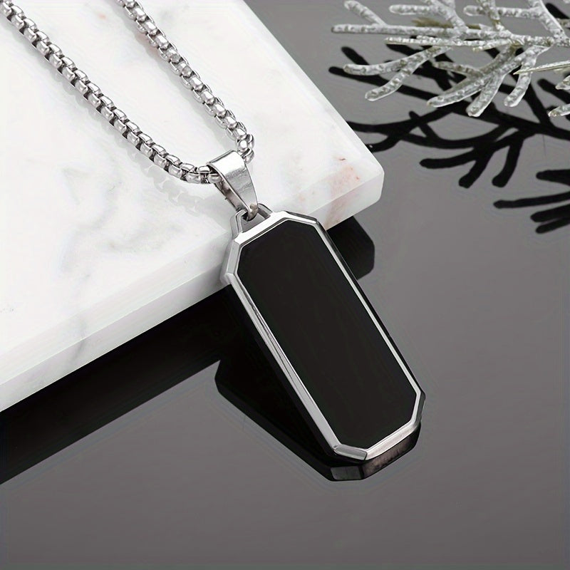 Elegant Stainless Steel Rectangular Pendant Necklace with Black Stone - High-Polished, Sleek Design