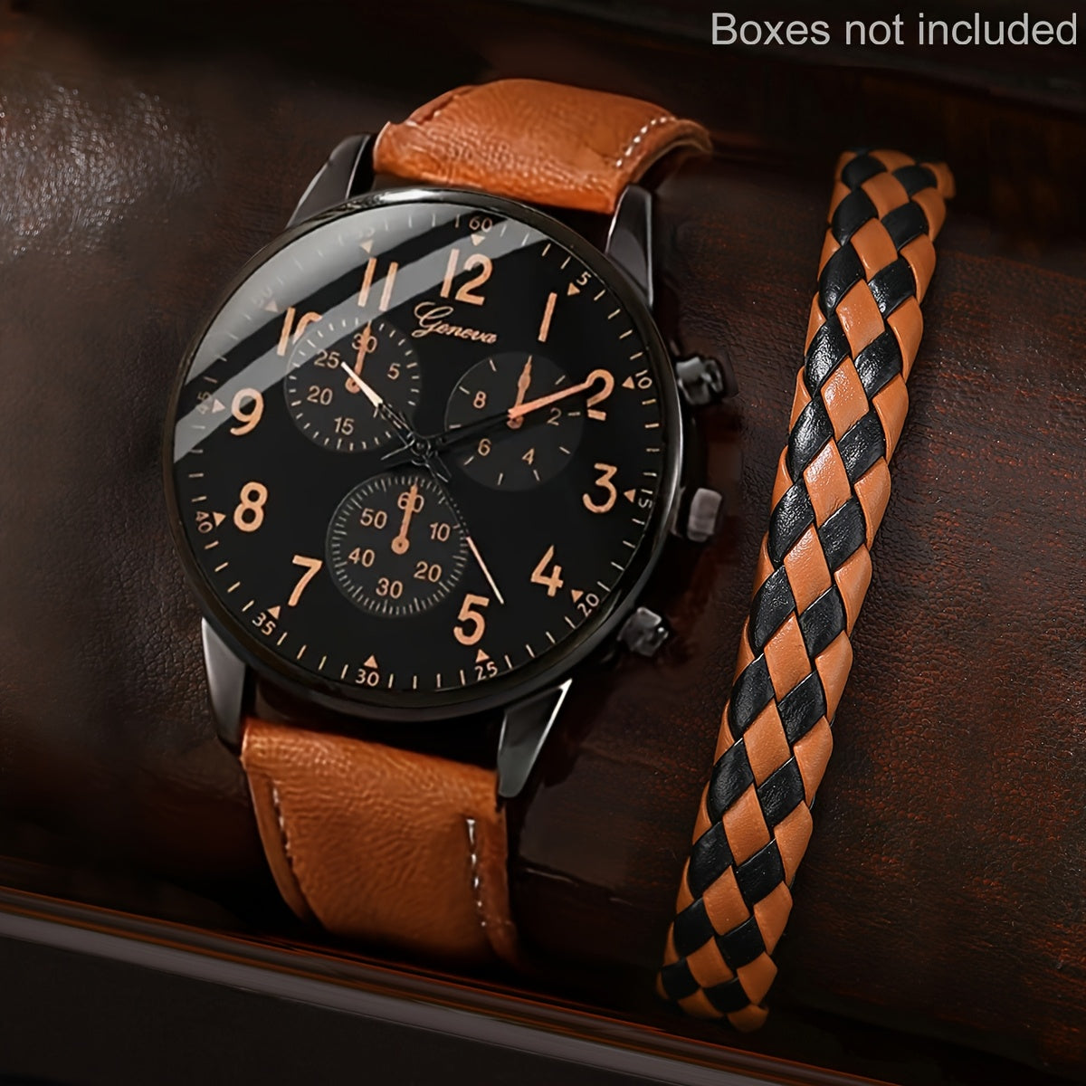 Men Watch 2pcs/Set Men's Casual Quartz Wristwatch with Khaki Faux Leather Strap And Faux Leather Bracelet Watch