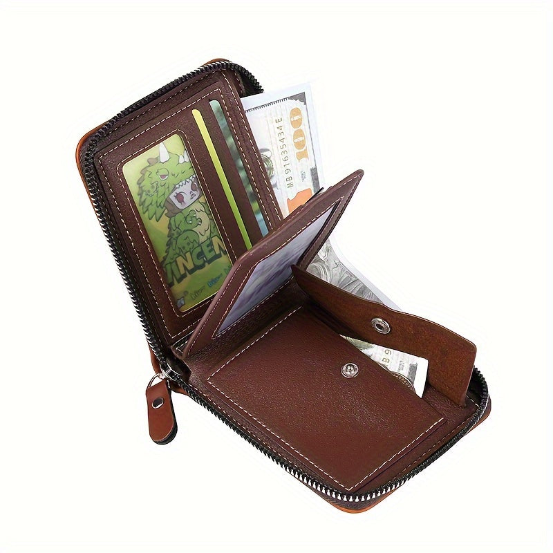 Vintage PU Leather Wallet for Men, Business Style Zippered Credit Card Case with Embossed Lettering