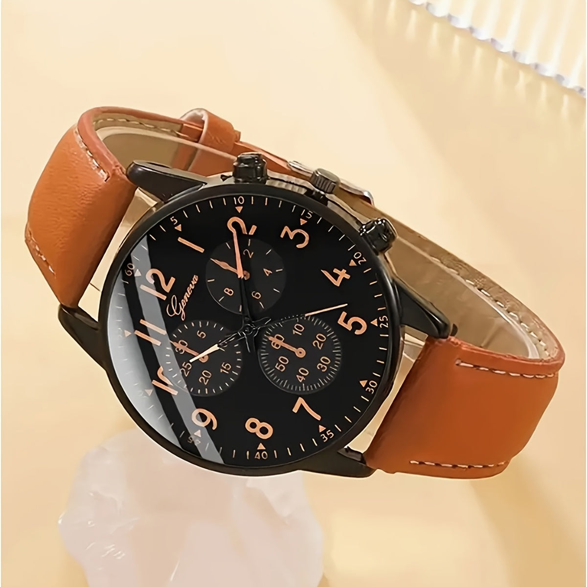 Men Watch 2pcs/Set Men's Casual Quartz Wristwatch with Khaki Faux Leather Strap And Faux Leather Bracelet Watch