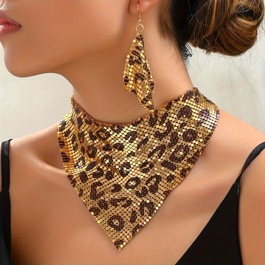 Luxurious Leopard Print Scarf-Style Choker Necklace and Earring Set