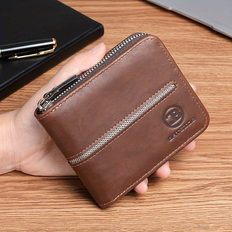 Vintage PU Leather Wallet for Men, Business Style Zippered Credit Card Case with Embossed Lettering