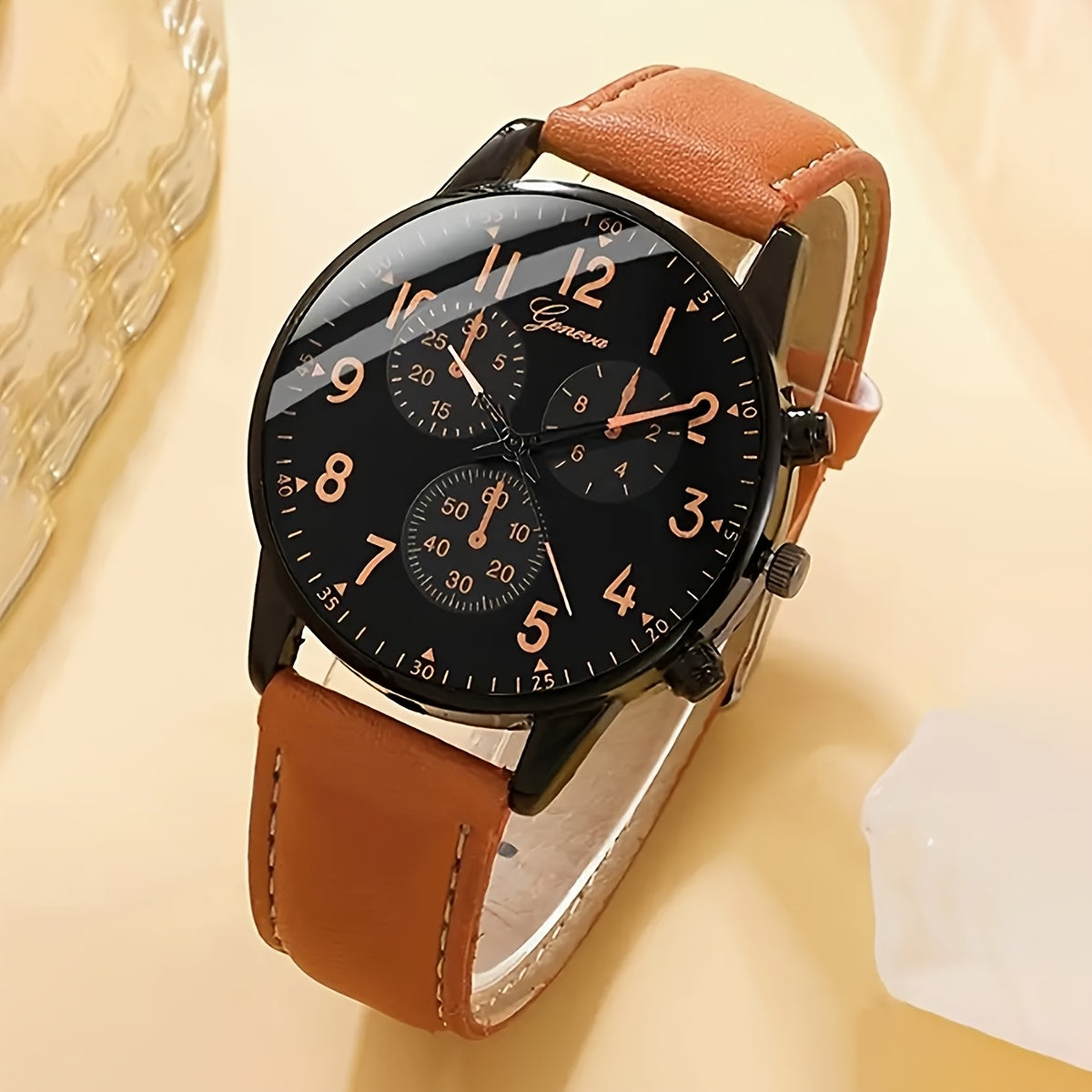 Men Watch 2pcs/Set Men's Casual Quartz Wristwatch with Khaki Faux Leather Strap And Faux Leather Bracelet Watch
