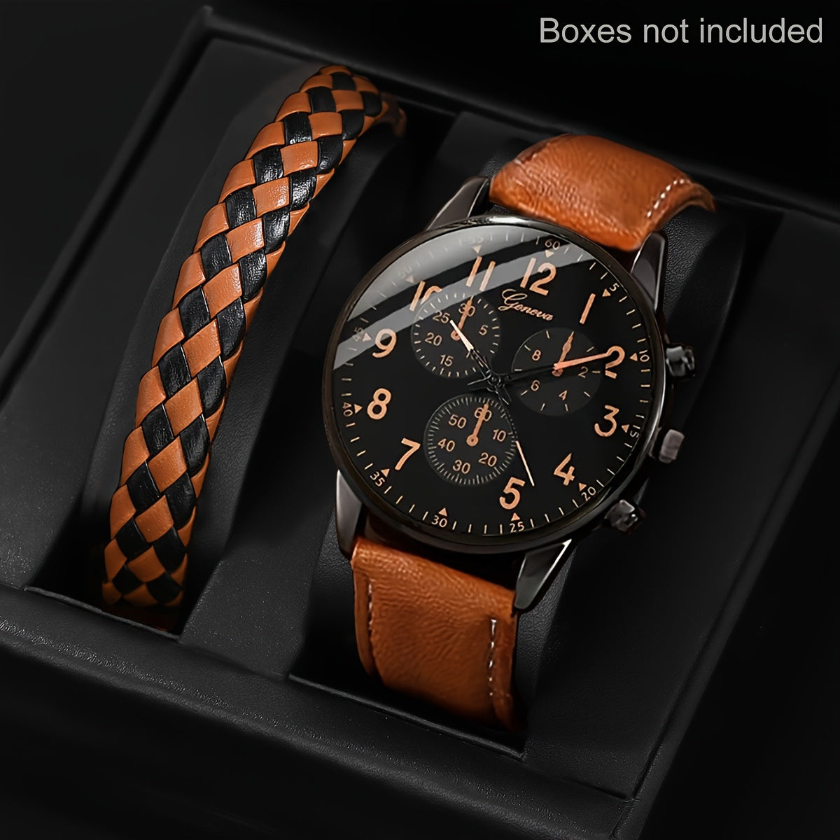 Men Watch 2pcs/Set Men's Casual Quartz Wristwatch with Khaki Faux Leather Strap And Faux Leather Bracelet Watch