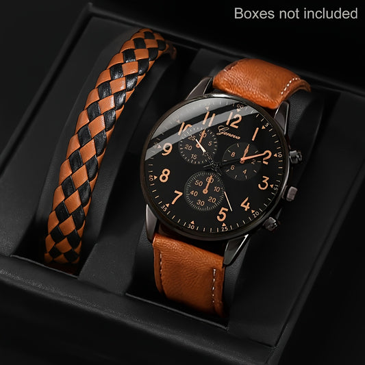 Men Watch 2pcs/Set Men's Casual Quartz Wristwatch with Khaki Faux Leather Strap And Faux Leather Bracelet Watch