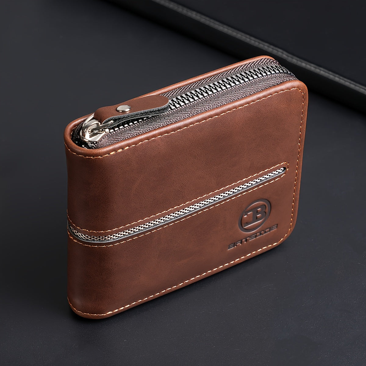 Vintage PU Leather Wallet for Men, Business Style Zippered Credit Card Case with Embossed Lettering