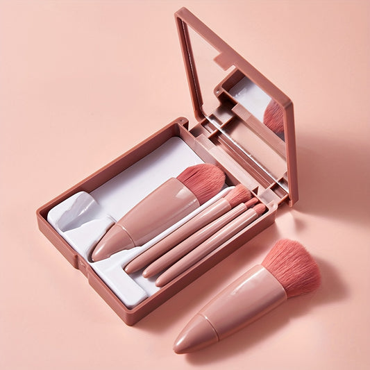 A Portable Makeup Brush Set with 5pcs, Including a Mirror, Mini Multifunctional Brushes for Powder, Foundation, Eyeshadow, Lipstick, And Blush,