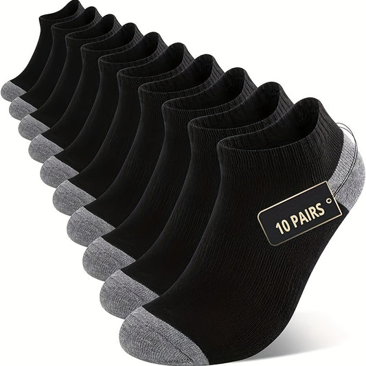 10pcs Men's Cushioned Athletic Ankle Socks - Breathable, Sweat-Wicking Polyester with Arch Support, Black & Gray