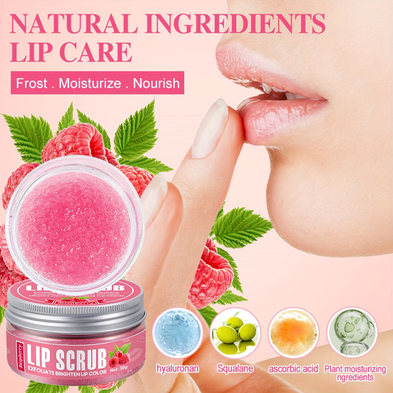 Raspberry Flavored Lip Scrub 30g With Squalene, Deep Hydration Nourishment, Long-Lasting Moisturizing