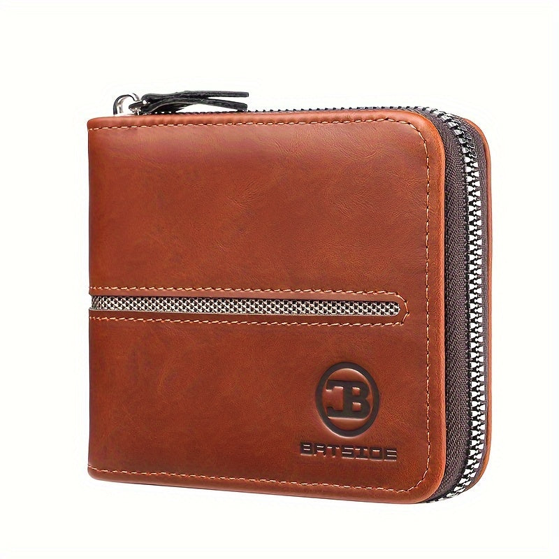 Vintage PU Leather Wallet for Men, Business Style Zippered Credit Card Case with Embossed Lettering