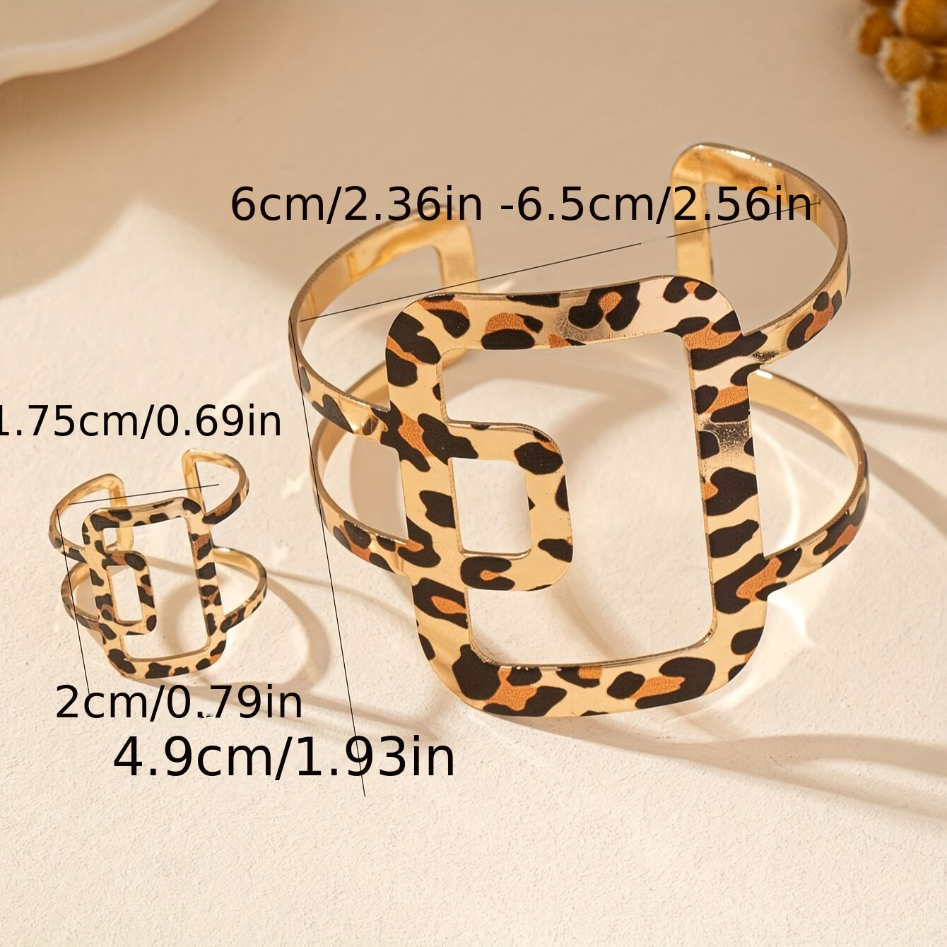 Leopard Print Cuff Bracelet and Double-Layer Open Ring