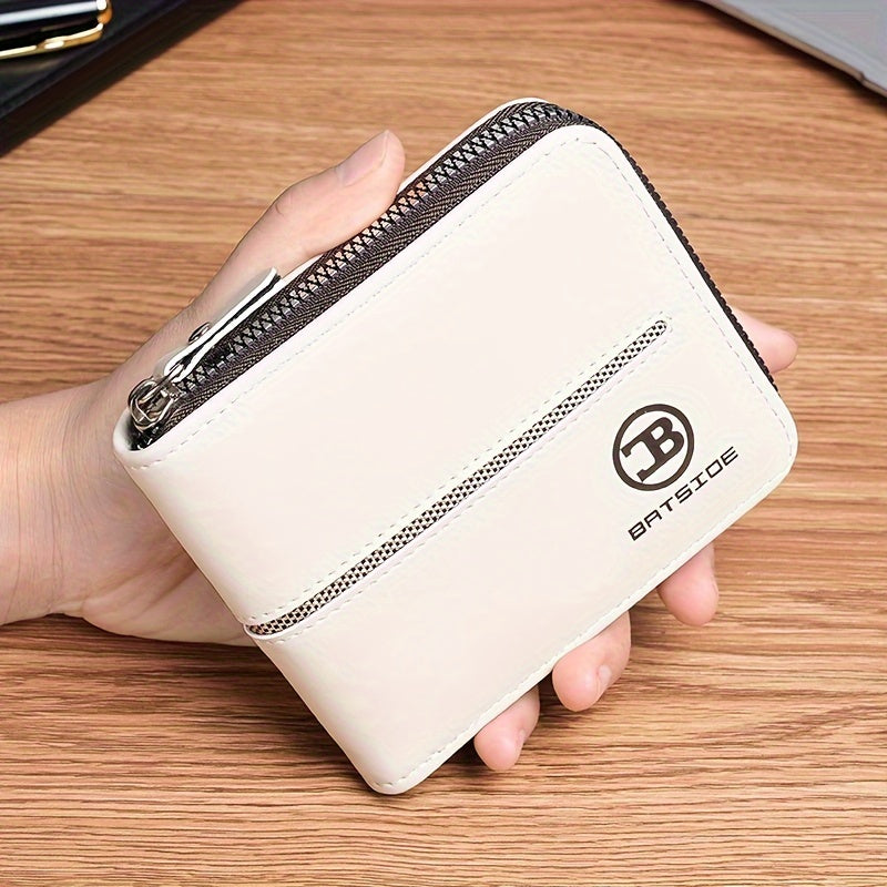 Vintage PU Leather Wallet for Men, Business Style Zippered Credit Card Case with Embossed Lettering