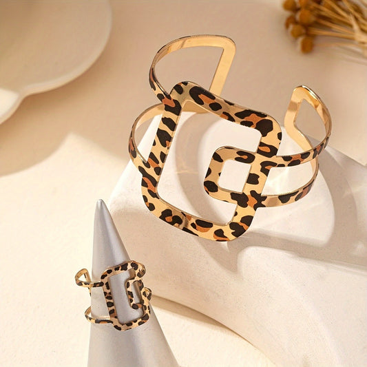Leopard Print Cuff Bracelet and Double-Layer Open Ring