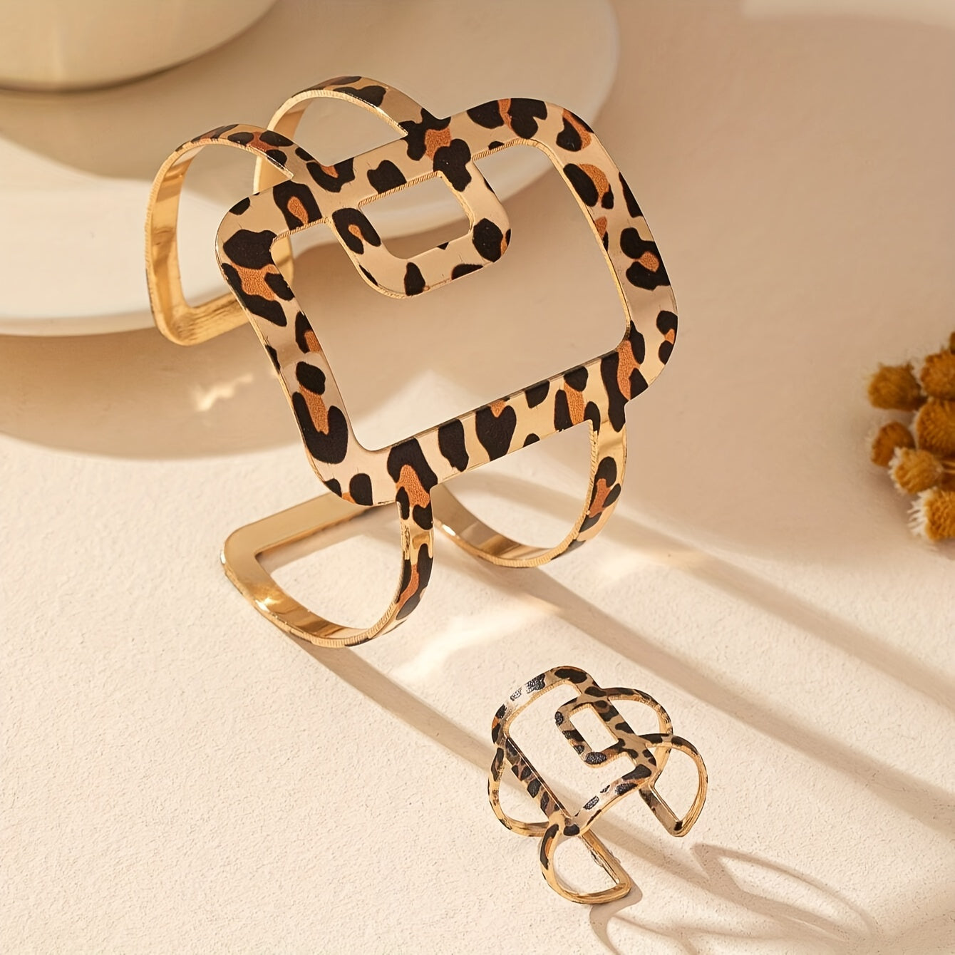 Leopard Print Cuff Bracelet and Double-Layer Open Ring
