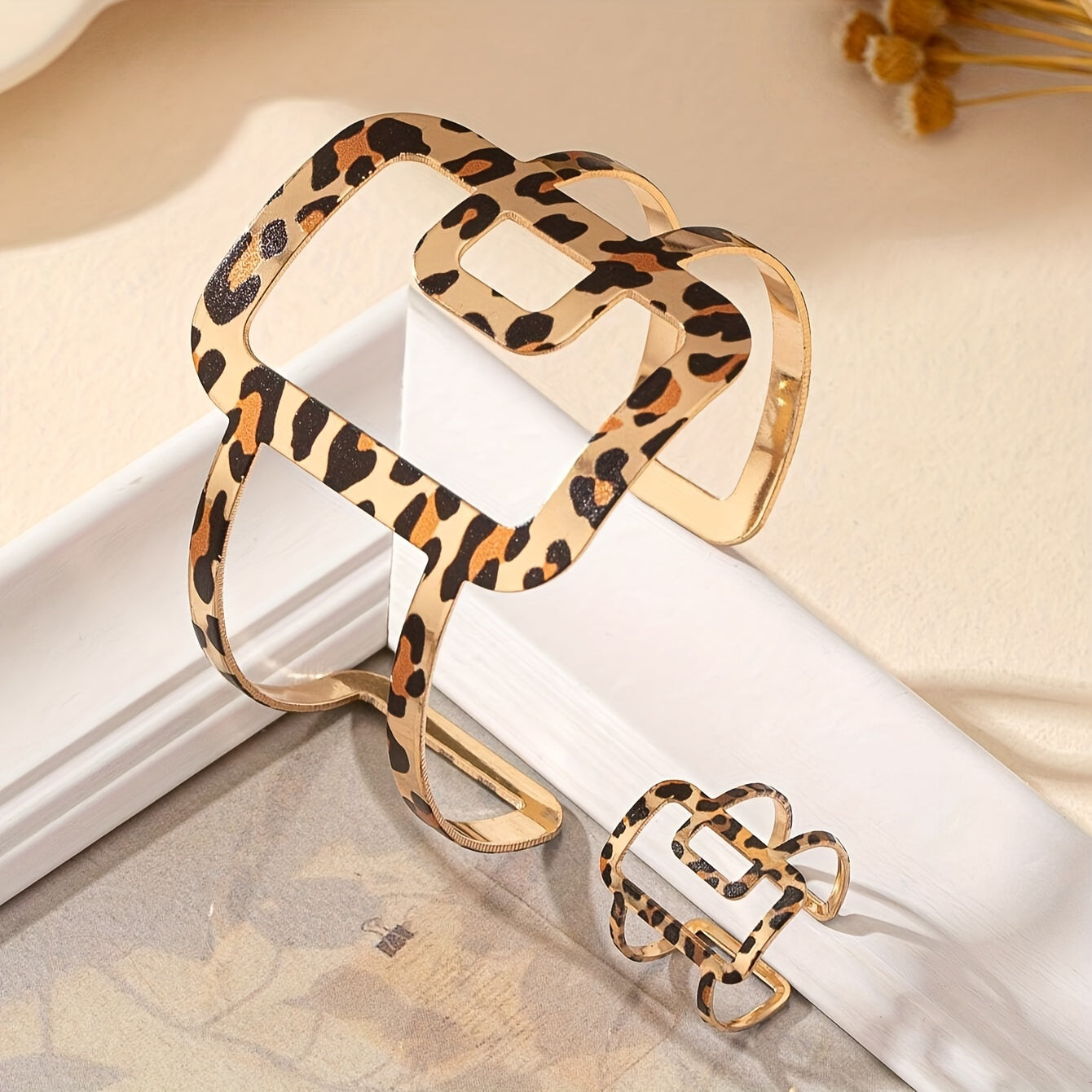 Leopard Print Cuff Bracelet and Double-Layer Open Ring