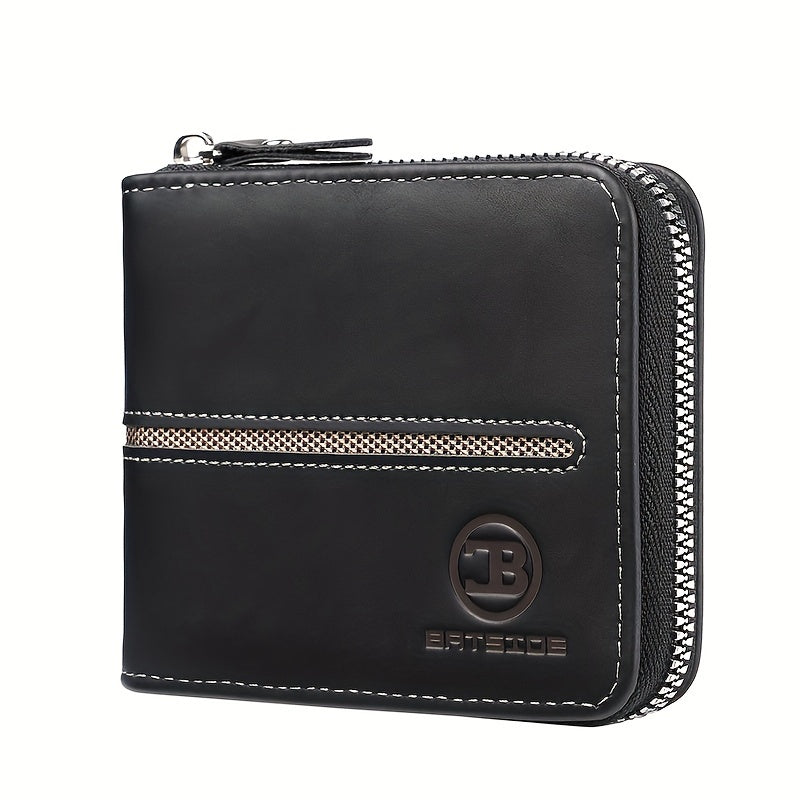Vintage PU Leather Wallet for Men, Business Style Zippered Credit Card Case with Embossed Lettering