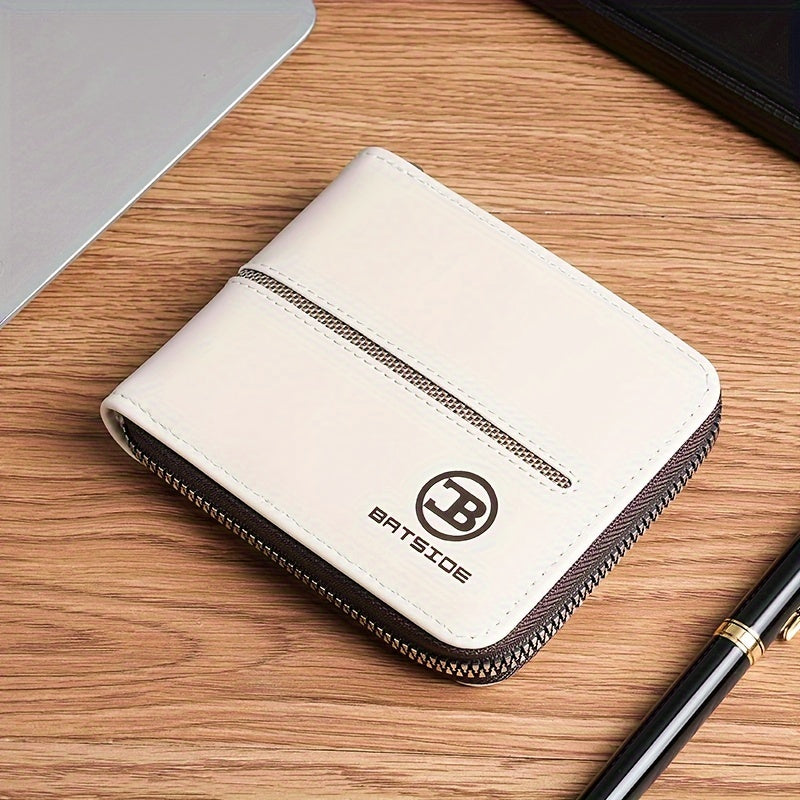 Vintage PU Leather Wallet for Men, Business Style Zippered Credit Card Case with Embossed Lettering