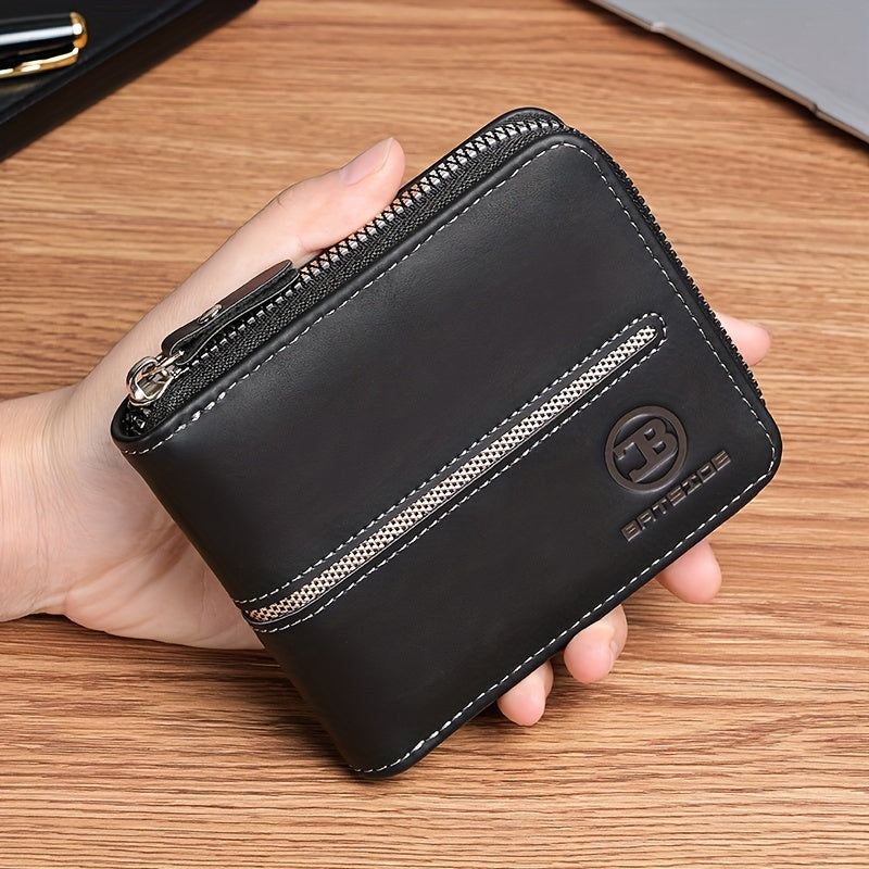 Vintage PU Leather Wallet for Men, Business Style Zippered Credit Card Case with Embossed Lettering
