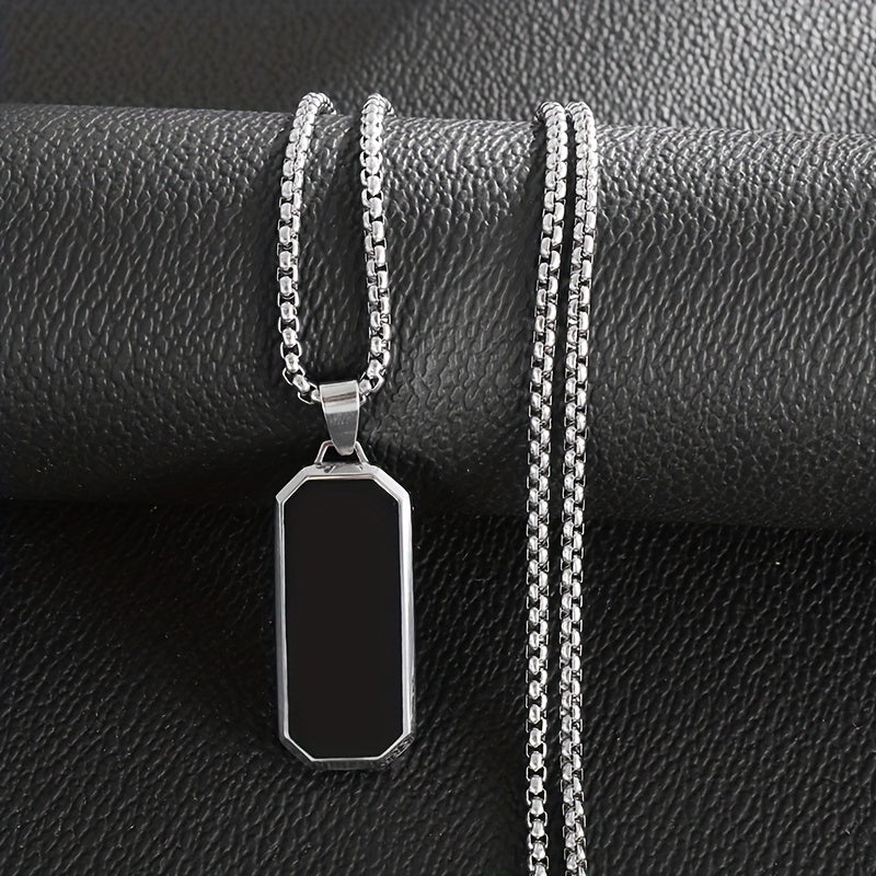 Elegant Stainless Steel Rectangular Pendant Necklace with Black Stone - High-Polished, Sleek Design