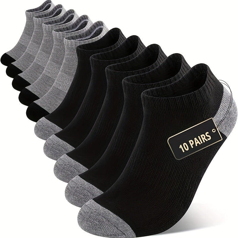 10pcs Men's Cushioned Athletic Ankle Socks - Breathable, Sweat-Wicking Polyester with Arch Support, Black & Gray