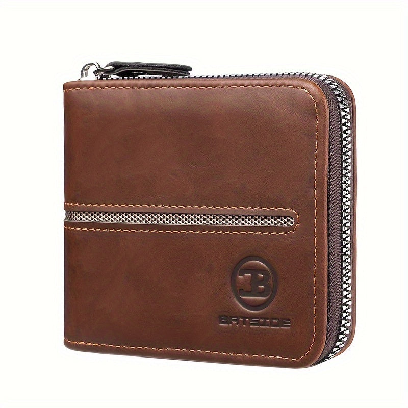 Vintage PU Leather Wallet for Men, Business Style Zippered Credit Card Case with Embossed Lettering
