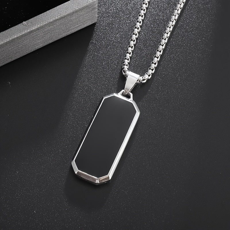 Elegant Stainless Steel Rectangular Pendant Necklace with Black Stone - High-Polished, Sleek Design