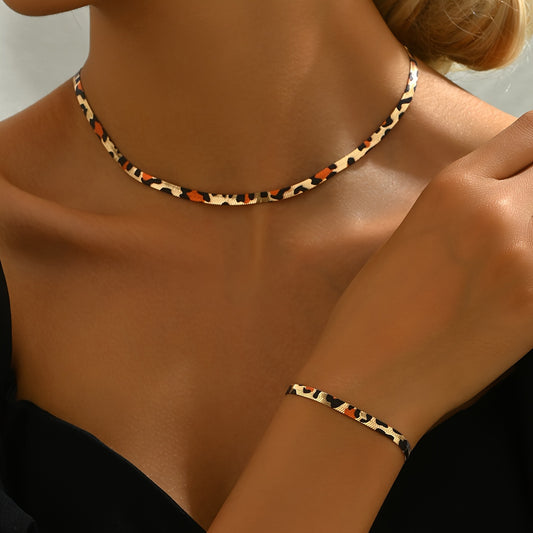 Women's 2-Piece Jewelry Set, Classic Simple Style, Leopard Pattern Flat Snake Chain, Iron Construction, No Mosaic, Versatile for Daily Wear