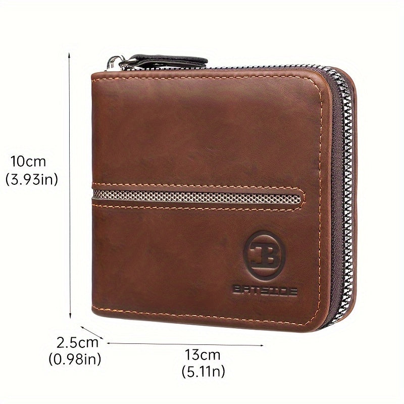 Vintage PU Leather Wallet for Men, Business Style Zippered Credit Card Case with Embossed Lettering