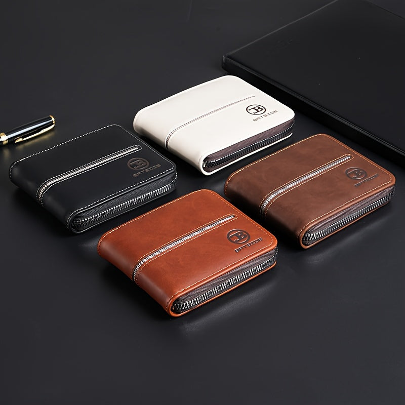 Vintage PU Leather Wallet for Men, Business Style Zippered Credit Card Case with Embossed Lettering