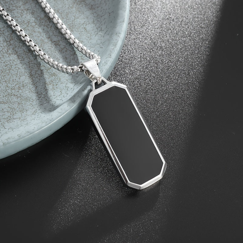 Elegant Stainless Steel Rectangular Pendant Necklace with Black Stone - High-Polished, Sleek Design