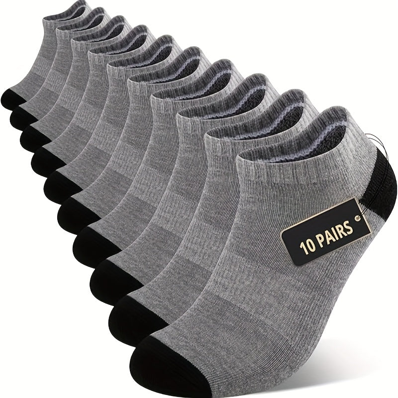 10pcs Men's Cushioned Athletic Ankle Socks - Breathable, Sweat-Wicking Polyester with Arch Support, Black & Gray