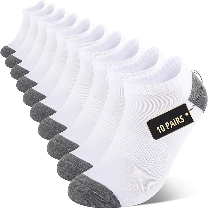 10pcs Men's Cushioned Athletic Ankle Socks - Breathable, Sweat-Wicking Polyester with Arch Support, Black & Gray