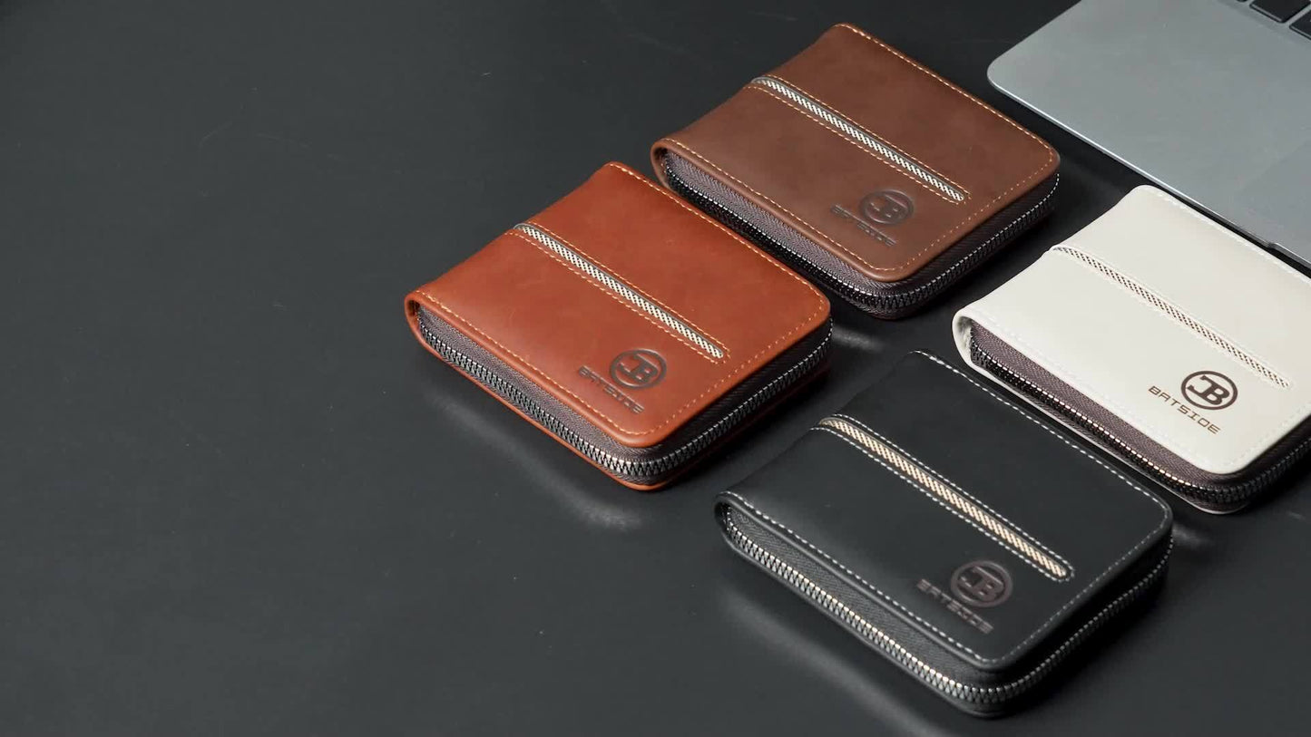 Vintage PU Leather Wallet for Men, Business Style Zippered Credit Card Case with Embossed Lettering