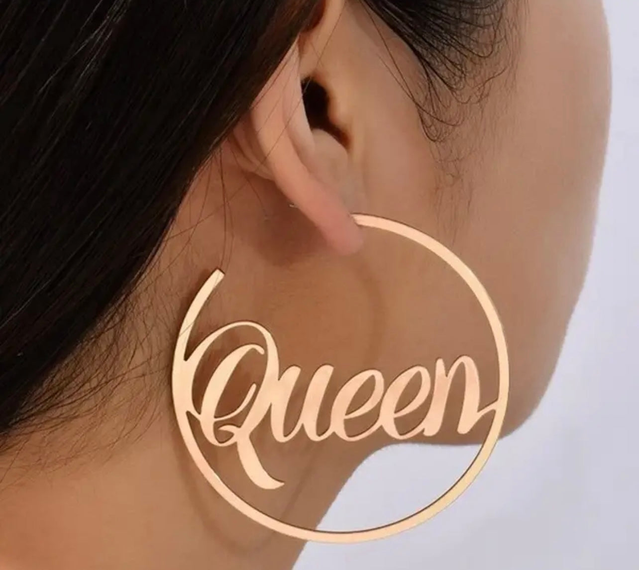 Large Hoop Earrings For Women With "Queen" Script, French Style, Sweet & Simple